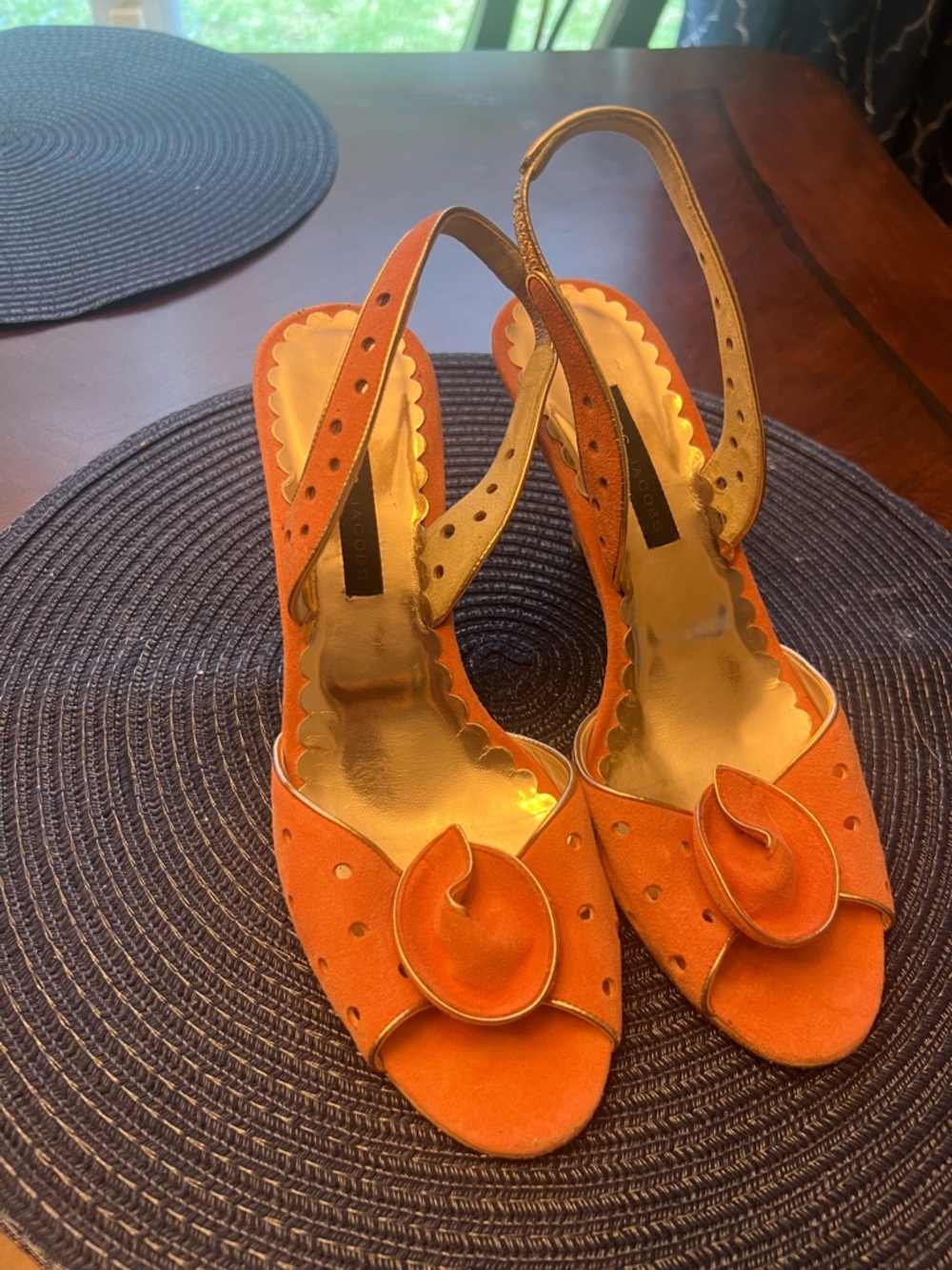 Marc Jacobs Orange Suede Slingback Heels with Gold Insole